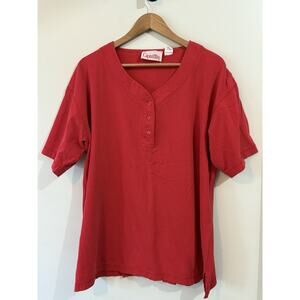 Women’s Capistrano Size 14/16 Solid Red Cotton Tee Shirt 1/4 Button Vintage